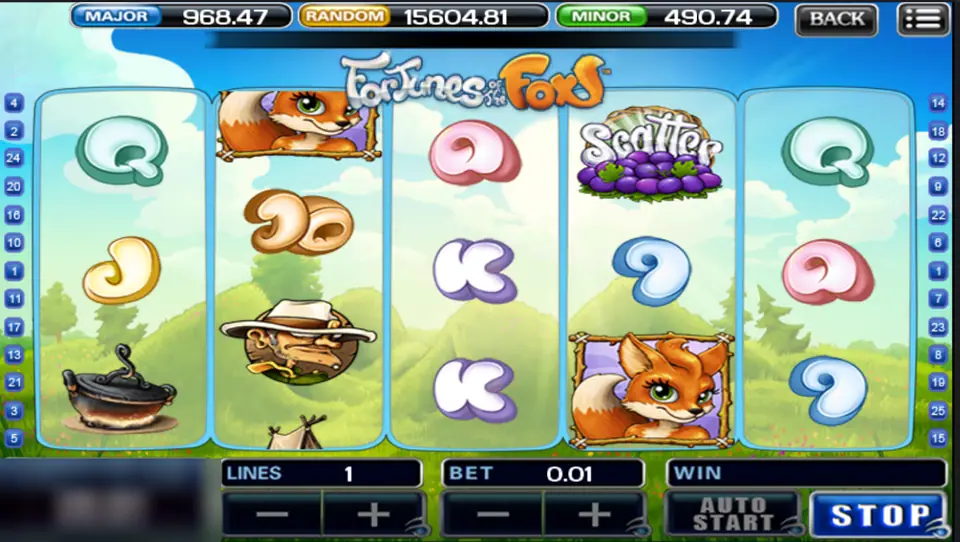 Fortunes of the Fox with the berry basket scatter on reel 4, the fox framed on reels 2 and 4, the hunter on reel 2 and a camp pot on reel 1, one line at 0.01
