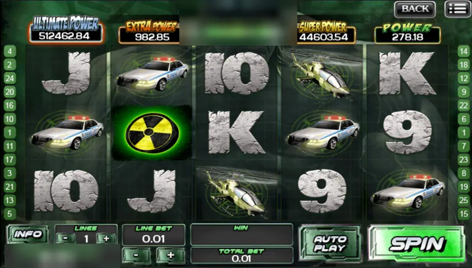 The Incredible Hulk reels with police cars, army helicopters, a radiation symbol and cracked stone card letters, one line at 0.01