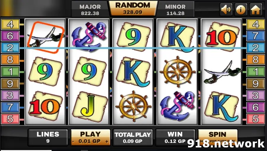 Captain's Treasure on Joker123 with anchors, a ship's wheel and crossed cutlasses, 9 lines at 0.01