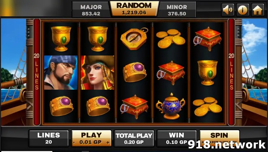Golden Island on Joker123 with two pirate portraits, gold goblets and treasure chests, 20 lines