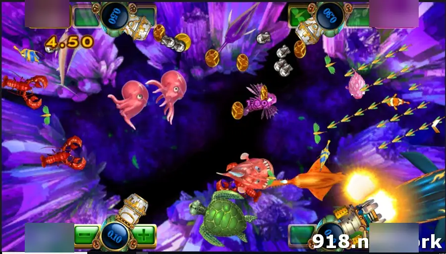 Ocean King 2 fishing room on Joker123 with cannons at each corner, squid, lobsters and a turtle