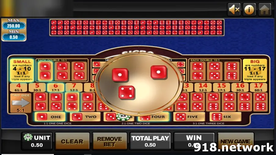 Joker123 Sic Bo table with Small, Big, totals and single-dice bets around three red dice