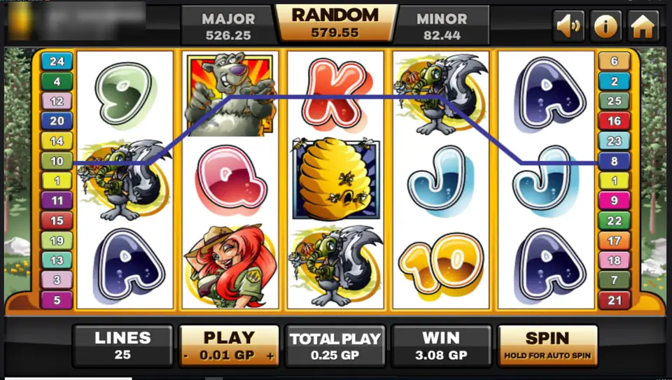 Bonus Bears with the bear wild on reel 2, skunks, a beehive, the park ranger and card letters, 25 lines at 0.01, win 3.08