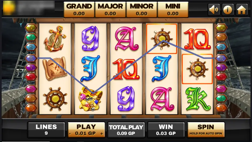 Captains Treasure Progressive with two ship's wheels highlighted on reels 4 and 5 of line 8, a treasure chest on reel 2, win 0.03