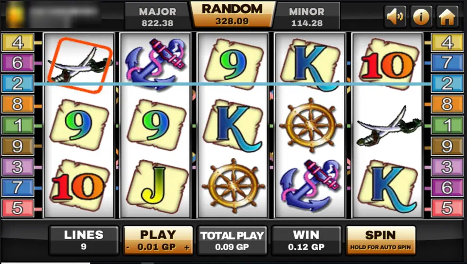 Classic Captain's Treasure reels with crossed swords, anchors, ship's wheels and card numbers on parchment tiles, 9 lines at 0.01