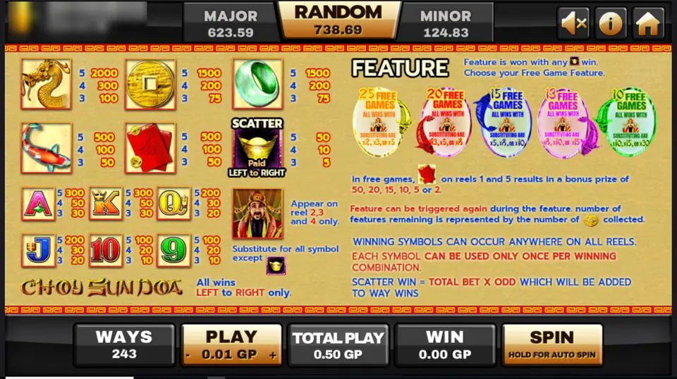 Choy Sun Doa pay table: dragon 2000, coin and jade 1500, koi and envelopes 500, gold ingot scatter, five free game options from 25 to 10 games