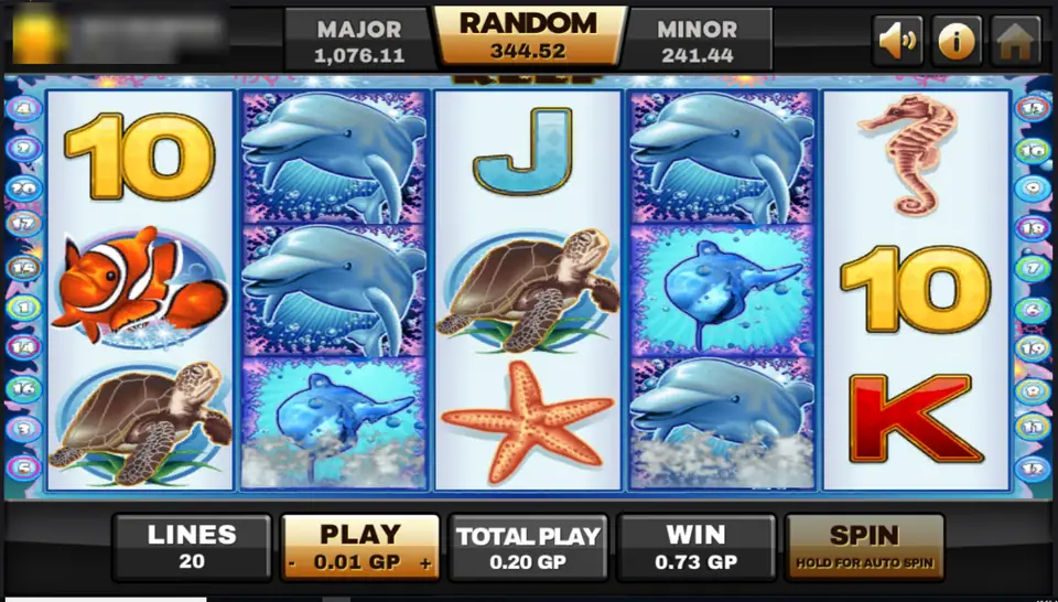 Dolphin Reef with dolphin wilds stacked on reels 2 and 4, a clownfish, turtles, a starfish and a seahorse, 20 lines at 0.01, win 0.73
