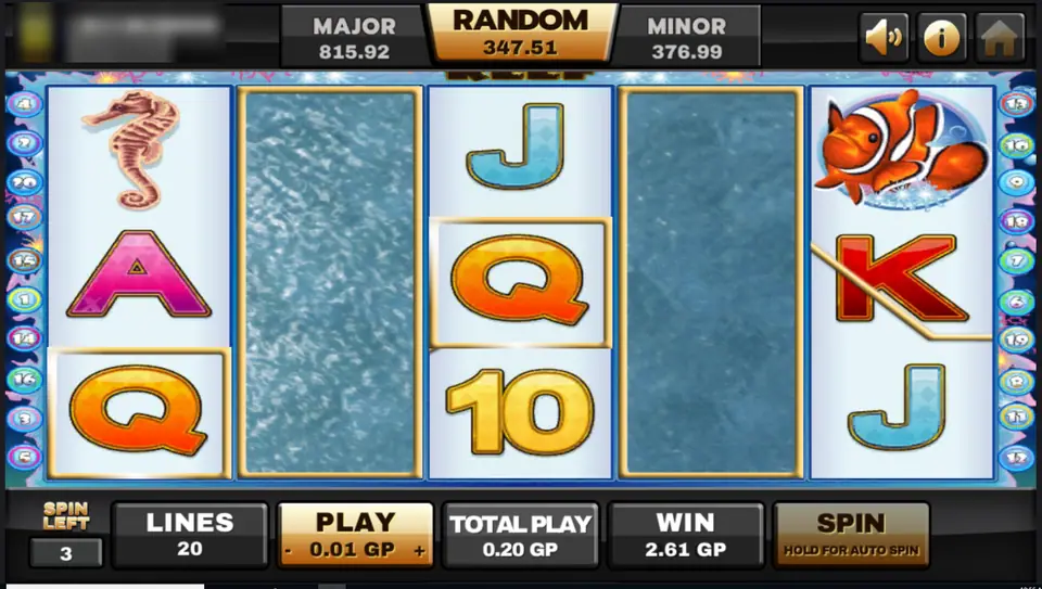 Dolphin Reef free game with reels 2 and 4 covered in rippling water as expanded wilds, 3 spins left, win 2.61 GP
