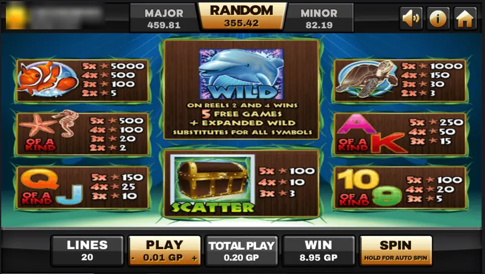 Dolphin Reef pay table: clownfish 5000, turtle 1000, starfish and seahorse 500, dolphin wild on reels 2 and 4 gives 5 free games, chest scatter up to 100