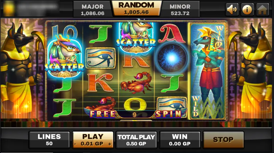 Egypt Queen free spin with a full-reel wild on reel 5, jackal statues either side and 9 on the free spin counter
