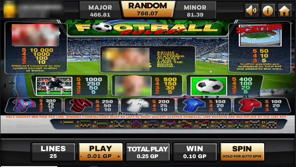 Football Rules pay table: fan wild 10,000 for five, goalkeeper 1000, referee 500, ball 400, shirts 100 to 300, stadium scatter up to 50, trophy bonus on reels 1 and 5