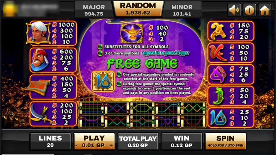 Genie pay table: hero 1000, guard 600, carpet 400, sword 200, lamp wild and scatter, free games with one expanding symbol, and the 20 line patterns