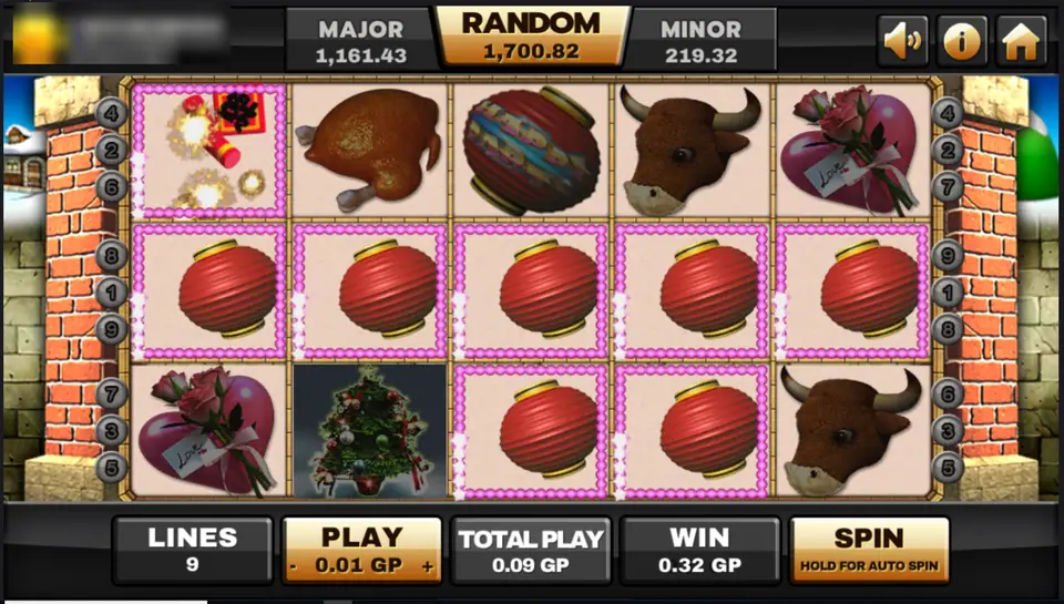 Happy Party line win with five lanterns across the middle row and two more below, firecracker wild on reel 1, win 0.32 GP