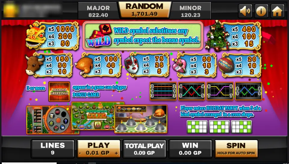 Happy Party pay table: lion dance head 1000, Christmas tree 400, bull 150, turkey 100, mask 75, heart 50, lantern 20, firecracker wild, Seasons Greetings bonus and three mini games
