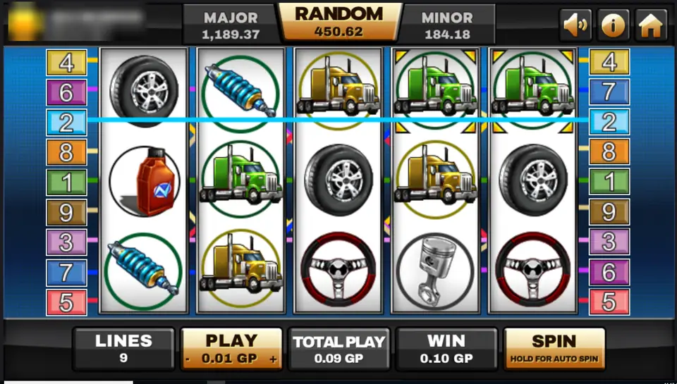 Highway Kings reels with green and yellow trucks, tyres, a shock absorber, an oil can and steering wheels, line 2 marked across the top row, 9 lines