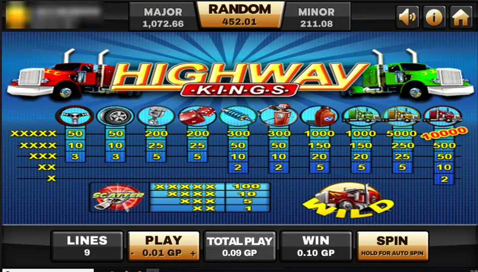 Highway Kings pay table: red truck wild 10,000, yellow truck 5000, green truck and oil can 1000, shock absorber and fuel pump 300, piston and dice 200, steering wheel and tyre 50, exhaust scatter up to 100
