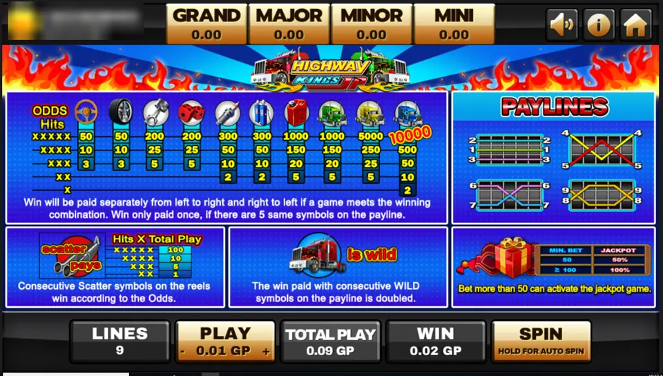 Highway Kings JP pay table: blue truck 10,000, yellow truck 5000, green truck and jerry can 1000, red truck wild doubles wins, exhaust scatter up to 100, jackpot game for bets over 50