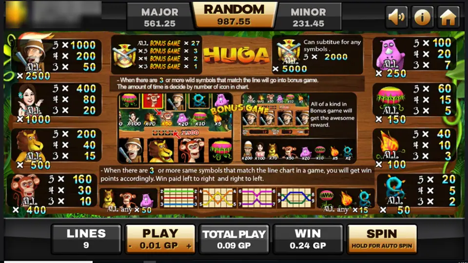 Huga pay table: hunter 1000, woman 400, lion 200, monkey 160, rhino 100, plants 60 to 20, crossed-rifles wild 2000, bonus game rounds for 3 to 5 wilds