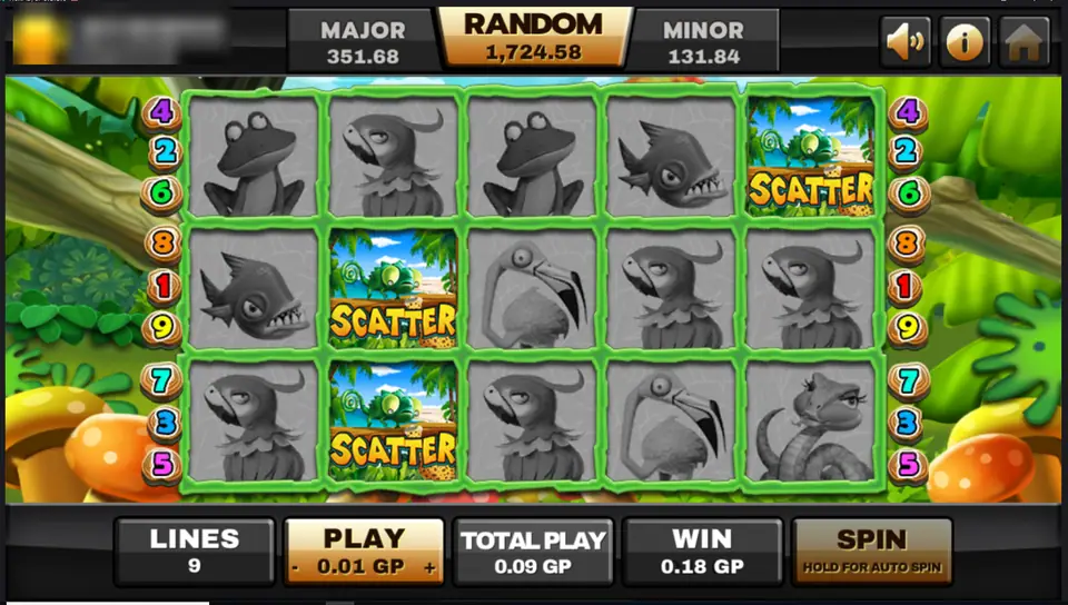 Three Jungle Island chameleon scatters on reels 2 and 5 with the rest of the reels greyed out, win 0.18 GP