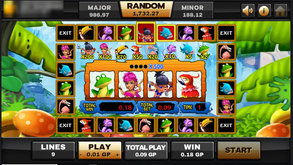 Jungle Island bonus board: a ring of animal tiles with EXIT corners around a four-reel mini slot, multipliers x2 to x200, total win 0.18, total bet 0.09