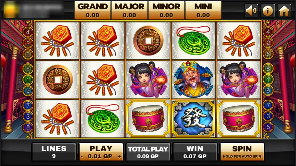 Lucky God 2 at 0.09 GP a spin with the jackpot boxes at 0.00, a girl with a lantern, the laughing god and a silver Fa tile, win 0.07