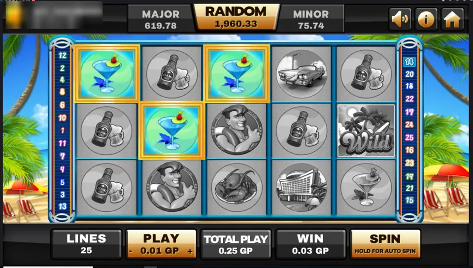 Miami line win with three blue cocktails lit and the rest of the reels greyed, a Wild tile on reel 5, win 0.03 GP