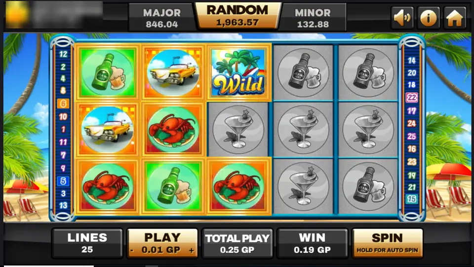 Miami reels on a beach with a palm tree wild on reel 3, beer bottles, a yellow convertible and lobsters lit in a line win, 25 lines at 0.01, win 0.19