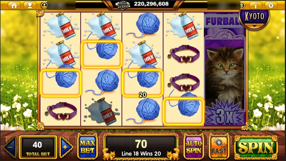 Pop Kittens with Furball stacked on reel 5 above a 3x badge, wool balls on line 18 winning 20
