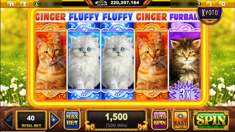 Pop Kittens with all five reels covered by Ginger, Fluffy and Furball tiles and the 3x badge on reel 5