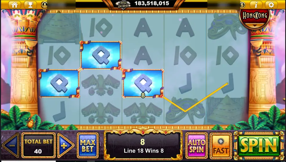 Three blue Q symbols lit on line 18 for a win of 8