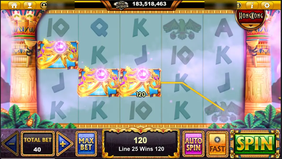 Ra the God of Sun win of 120 on line 25 with three eye of Horus symbols lit on reels 1 to 3