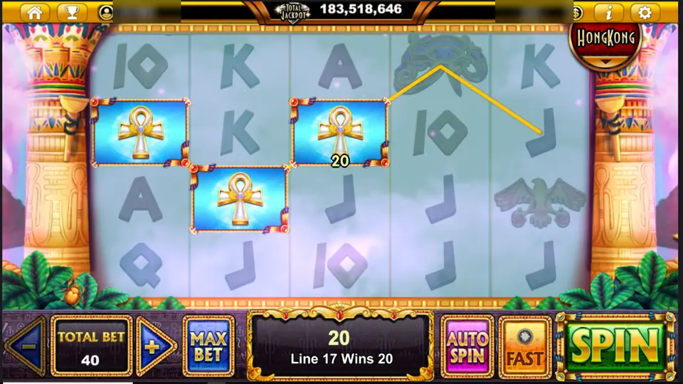 Three ankhs on line 17 lit up for a win of 20 on a 40 bet