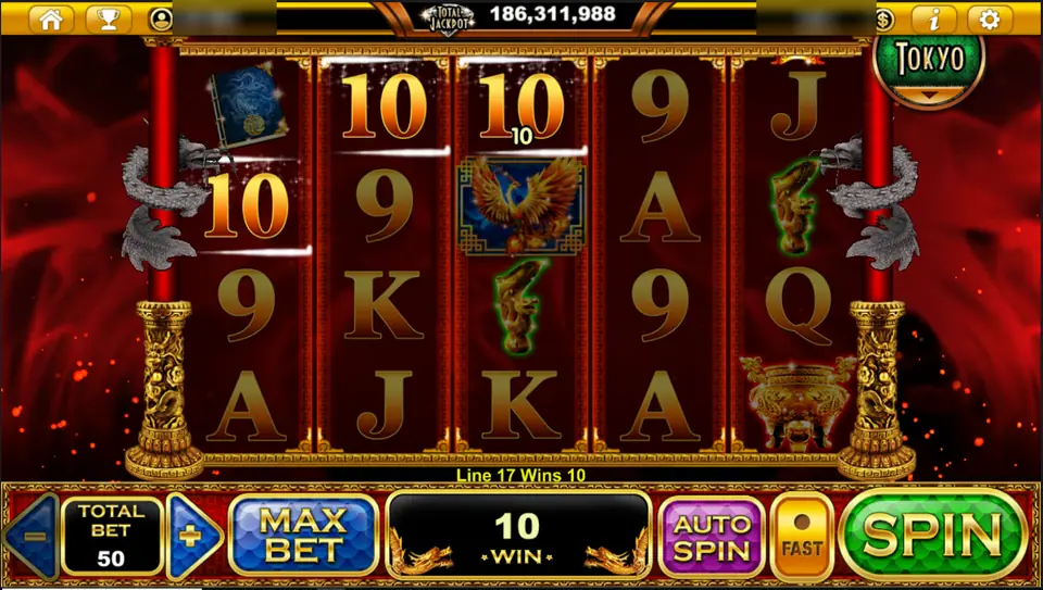 Three gold 10s on line 17 paying 10, with a phoenix and jade dragons on the reels