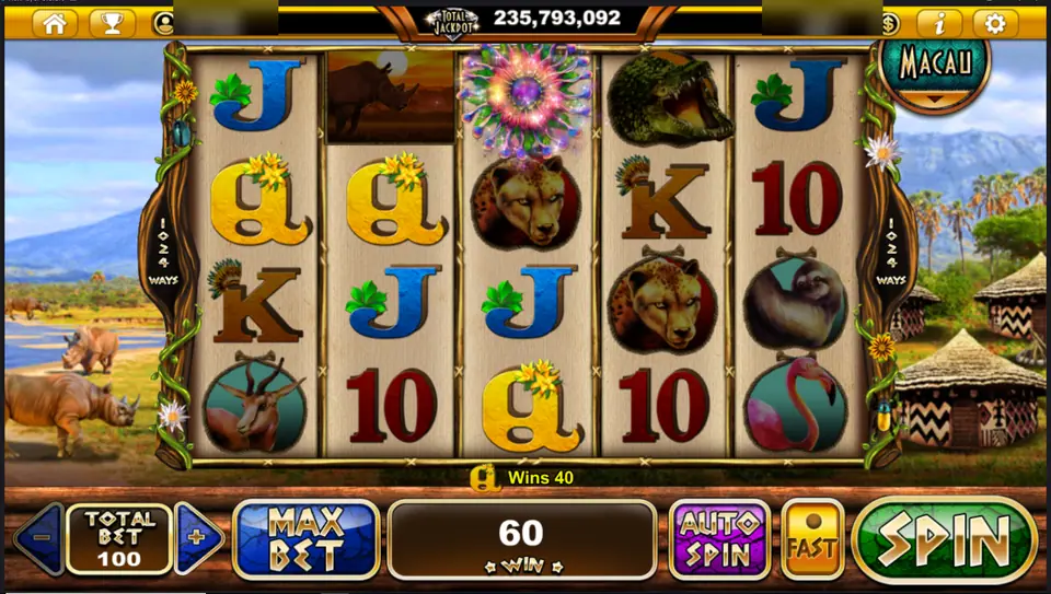 Rhino Crash spin paying 60 on a bet of 100, with Q symbols on reels 1 to 3 and a flower burst on reel 3