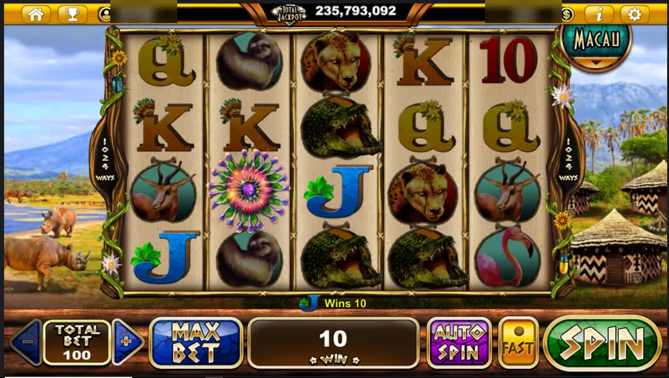 Rhino Crash with a flower burst on reel 2, crocodiles and a cheetah, J symbols winning 10