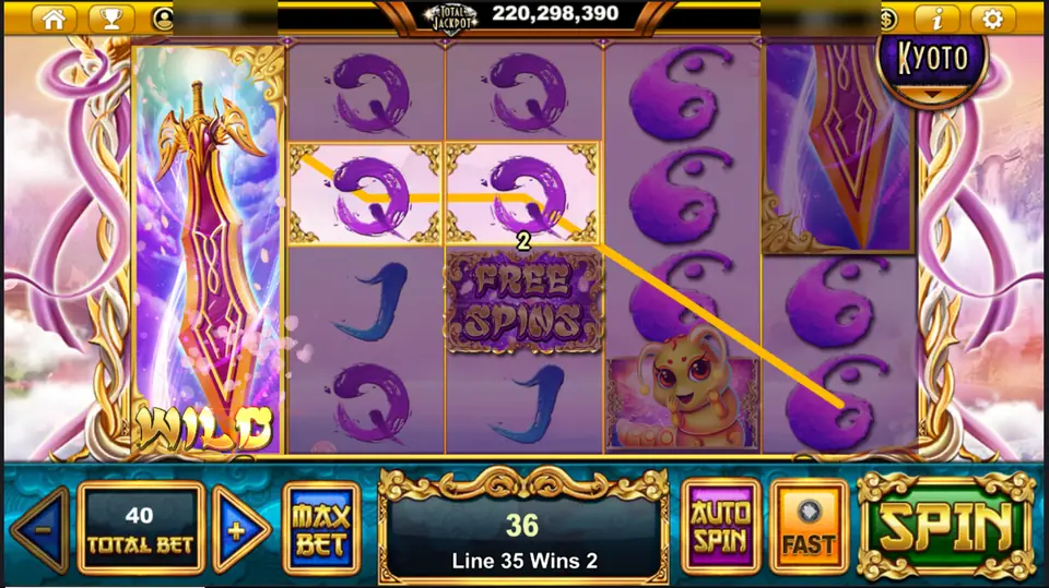 Sacred Relics with a full-reel sword wild on reel 1 and a FREE SPINS tile on reel 3, line 35 paying 2 on a total bet of 40