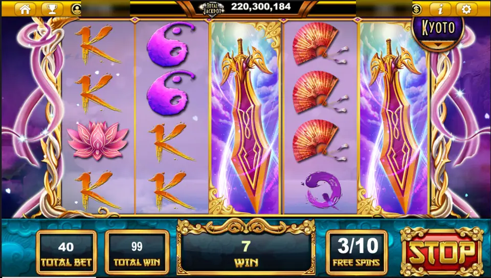 Sacred Relics free spins with two full-reel sword wilds on reels 3 and 5, red fans and brush-stroke Ks, free spin counter at 3/10