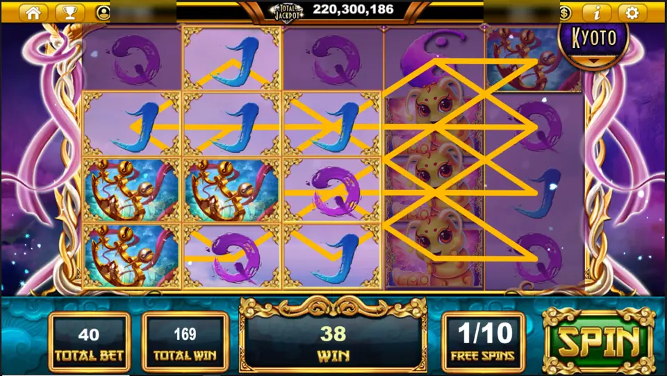 Sacred Relics free spins at 1/10 with bells, Js and the golden creature lit on many lines, win 38, total 169