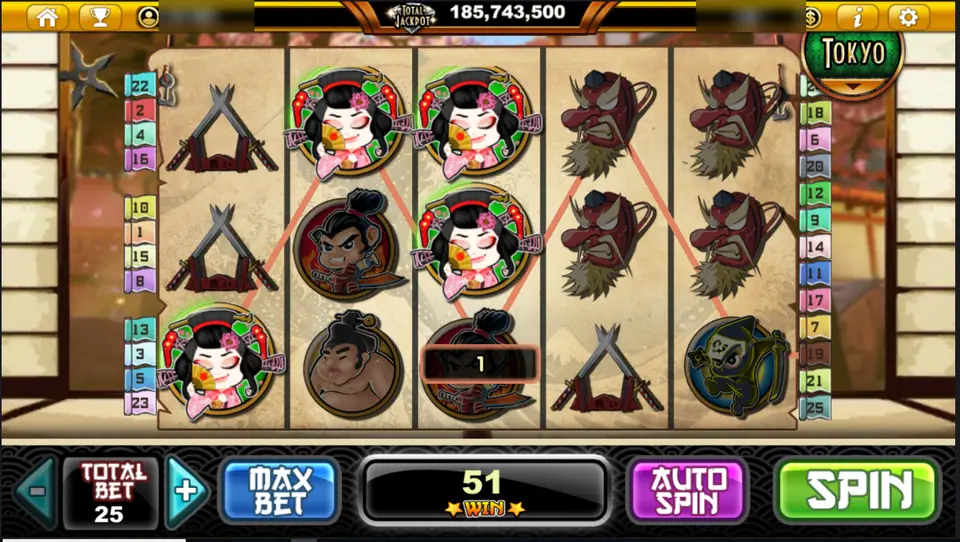 Samurai Heroes win of 51 with geishas on reels 1 to 3 and red tengu masks on reels 4 and 5