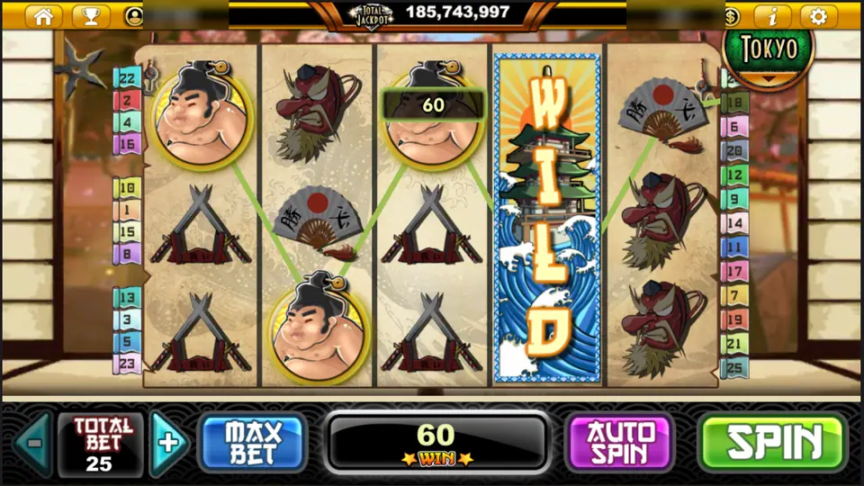 Samurai Heroes with a pagoda wild on reel 4 completing a sumo win of 60
