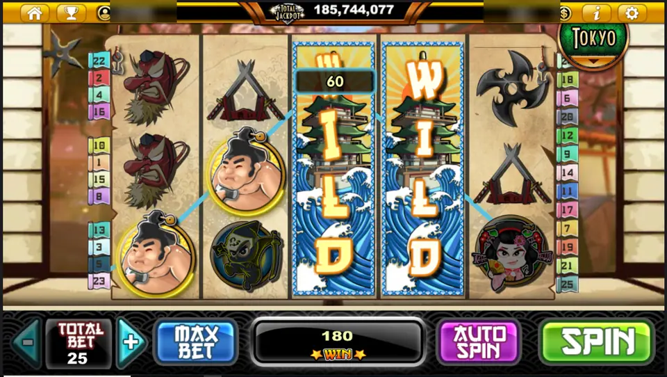 Samurai Heroes with two full-reel pagoda wilds on reels 3 and 4, sumo wrestlers on reels 1 and 2 and a win of 180 on a bet of 25
