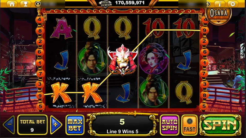 Samurai Sensei line 9 win of 5 with two orange K symbols and the red kabuto helmet on reel 3