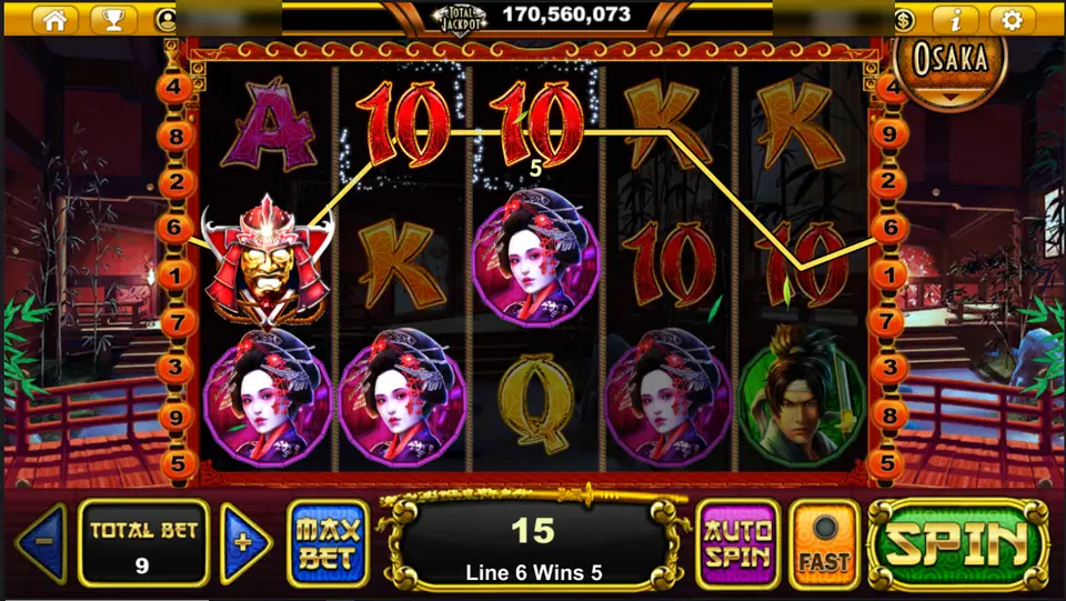Samurai Sensei line 6 win of 5 with the kabuto helmet on reel 1 and two red 10s, geishas on the bottom row