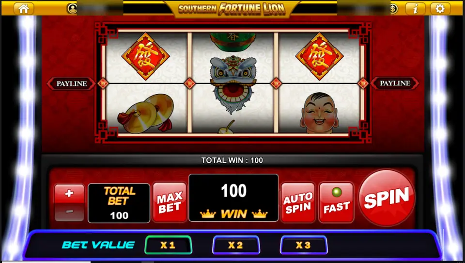Southern Fortune Lion with Fa diamonds on reels 1 and 3, the lion head on reel 2, cymbals and the smiling Buddha mask, total win 100