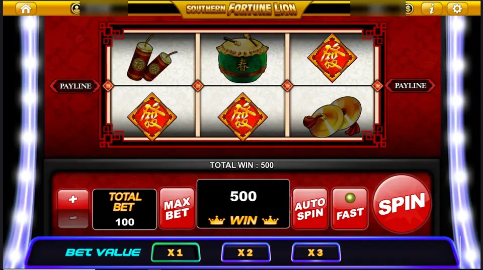 Southern Fortune Lion three reels with firecrackers, a green drum, red Fa diamonds and cymbals around the payline, total win 500