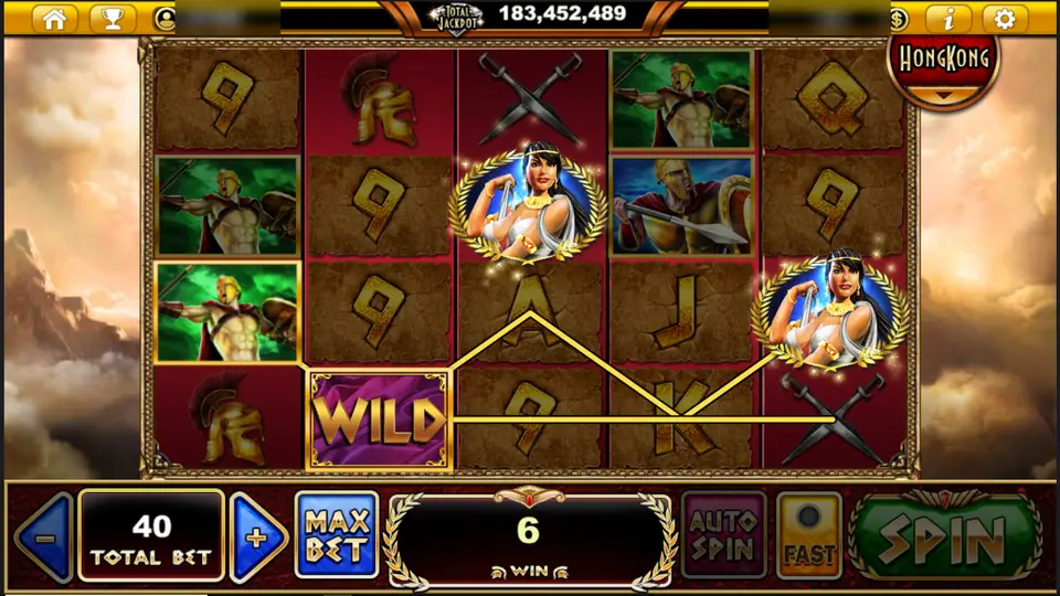 Sparta's Legacy with two laurel-framed scatter symbols on reels 3 and 5 and a WILD tile on reel 2, win of 6 on a bet of 40