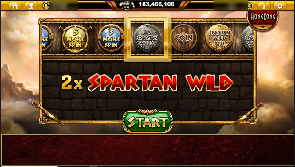 Sparta's Legacy shield picker stopped on 2x Spartan Wild with a START button