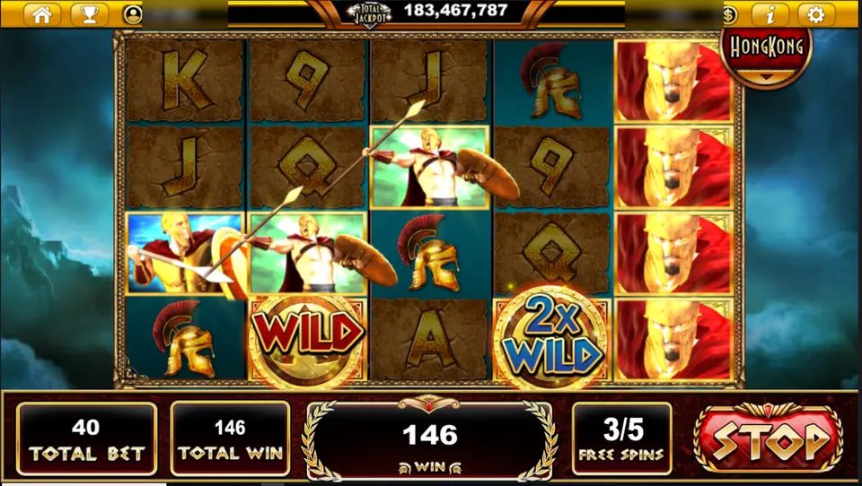 Sparta's Legacy free spins with a Spartan stacked down reel 5, a WILD shield and a 2x WILD shield, free spin counter at 3/5