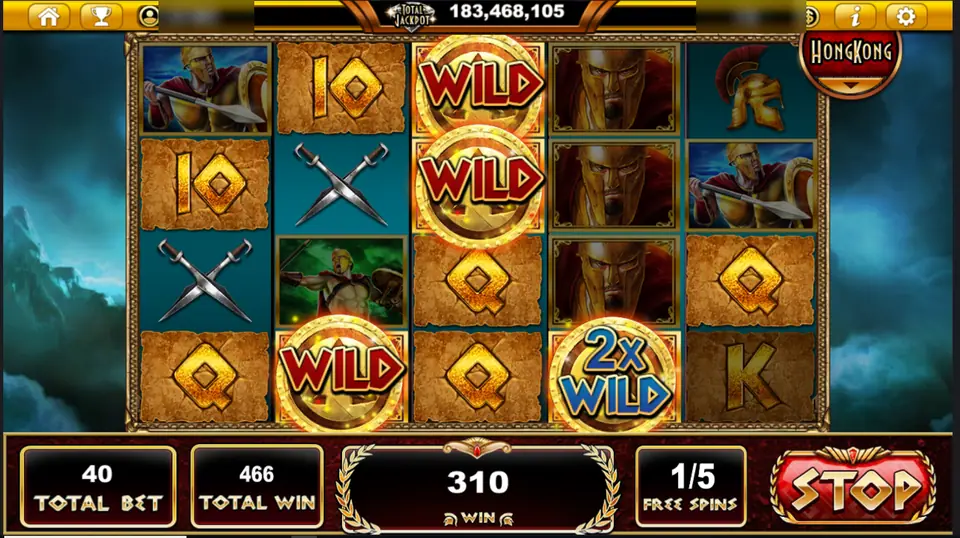 Sparta's Legacy free spins at 1/5 with three WILD shields and a 2x WILD shield on the reels, total win 466