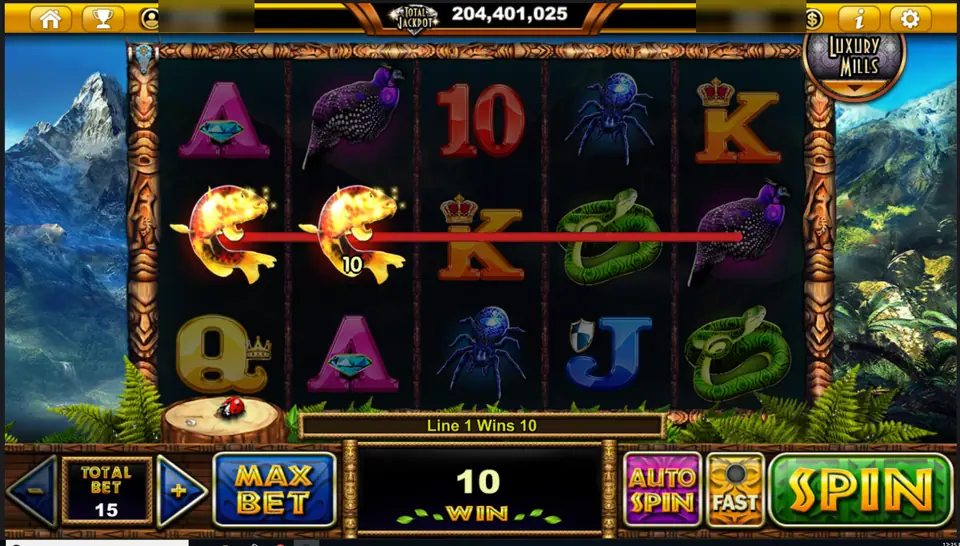 Spirit Bear line 1 win of 10 with two golden koi on reels 1 and 2